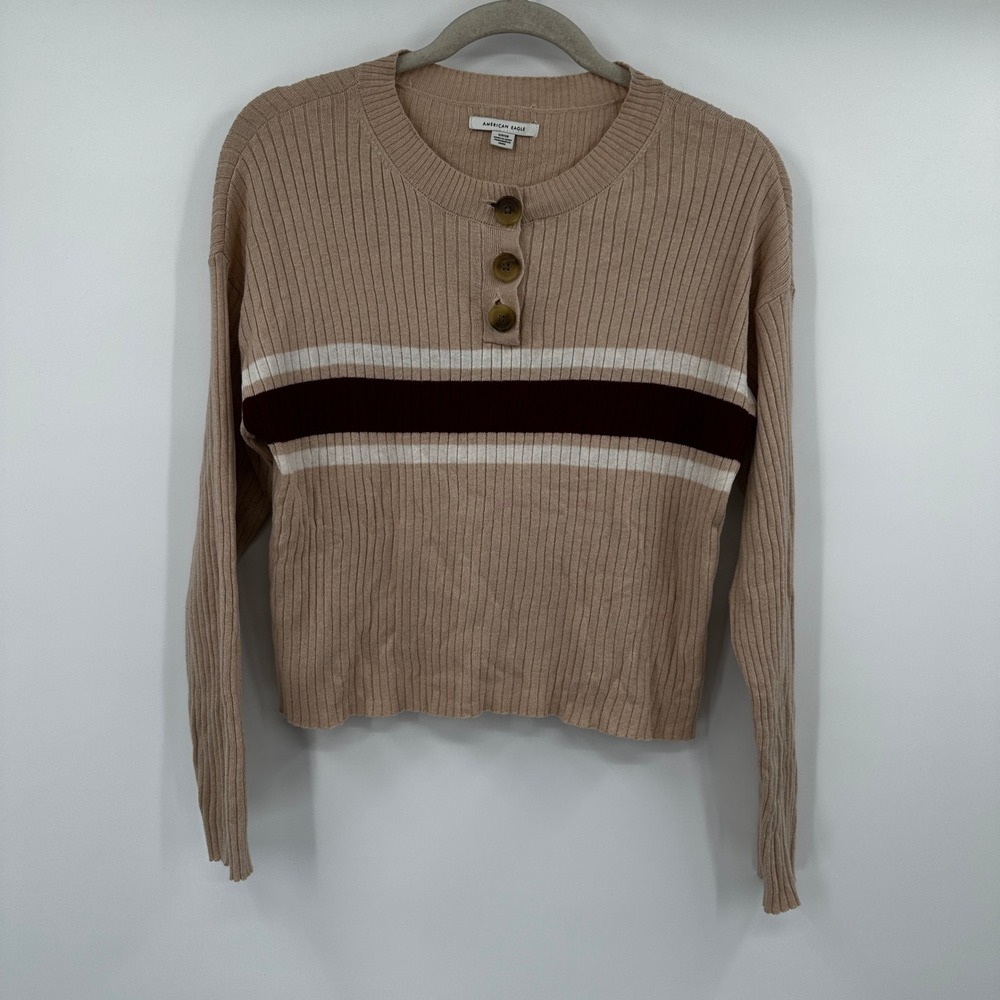 American Eagle Outfitters Ribbed Henley Crop Sweater Beige Burgundy‎ Stripes S